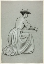 Kniende Frau mit Strohhut