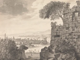 Landschaft mit Ruinen im Vordergrund, Hafen und Dorf im Hintergrund