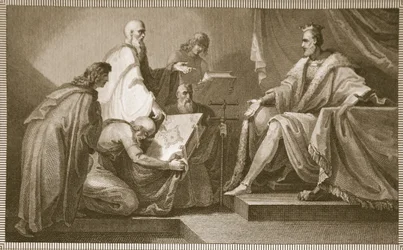 Domesday Book präsentiert an Wilhelm I., graviert von J. Fittler, Illustration aus David Humes 