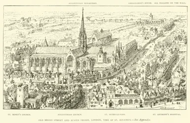 Old Broad Street und Austin Friars, London, zur Zeit des Hl. Ignatius (Gravur)