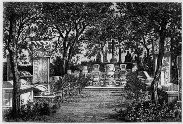 Gräber der Jesuiten Matteo Ricci (1552-1610) und Adam Schall von Bell (1592-1666) in Peking in den 1870er Jahren. Gravur nach einer Zeichnung von Catenacci, nach einem Foto von Thomson, in „Le Tour du Monde, Nouveau journal des Voyages“, herausgegeben von 