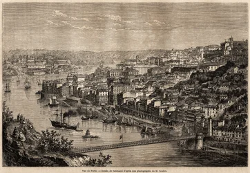Ansicht von Porto, Zeichnung von Catenacci, zur Illustration von Olivier Mersons Reise in die nördlichen Provinzen Portugals im Jahr 1857. Gravur in „Le tour du monde“ 1861. Sammlung Selva