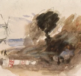 Landschaft mit Cottage und Windmühle