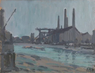 Landschaft mit Industriegebäuden an einem Fluss