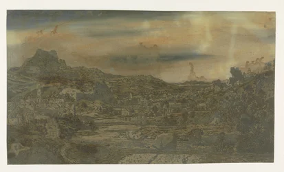 Tal mit einem Fluss und einer Stadt mit vier Türmen