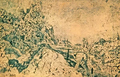 Felsige Landschaft mit Turm in der Ferne (Tinte auf Papier)