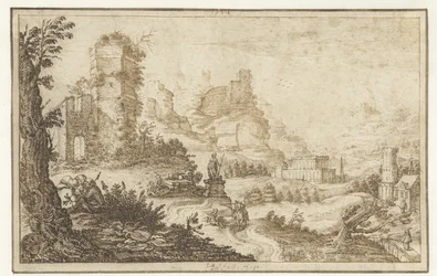 Landschaft mit Ruinen und einer Statue