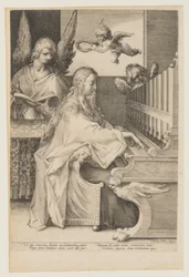 Die heilige Cäcilia spielt die Orgel mit zwei Engeln