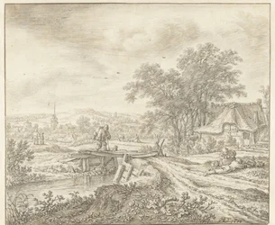 Hügellandschaft mit einem Bauernhof bei einer Brücke
