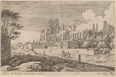 Landschaft mit Ruinen und einer Frau mit Sonnenschirm