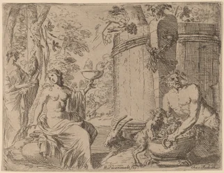 Zwei Nymphen und ein Satyr vor einem großen Fass