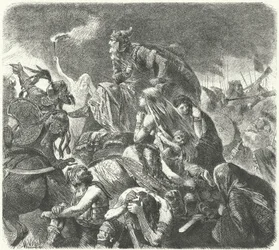 Attila der Hunne nach dem entscheidenden Angriff der Westgoten in der Schlacht von Chalons, 451