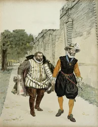 Heinrich IV. (1553-1610) und Charles de Lorraine, Herzog von Mayenne (1554-1611). Erstes versöhnliches Treffen zwischen den beiden Feinden, Mayenne, Anführer der Liga und dem König, in den Gärten des Schlosses von Montceaux, in der Brie, im Jahr 1596. Illu