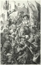 Prozession von Landsknechten, die in den Krieg ziehen, 16. Jahrhundert