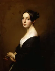 Porträt einer Dame, Halbfigur, in einem schwarzen Kleid und eine Nelke haltend