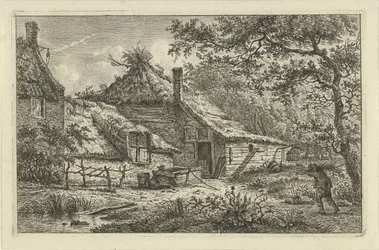 Bauernhof mit Mann mit Reisig