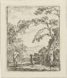 Landschaft mit Mann mit Rucksack