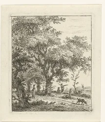 Landschaft mit Frau und Hund
