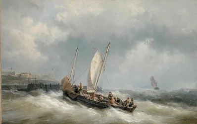 Ein Lugger, der bei einem Sturm in den Hafen einfährt