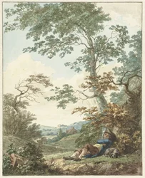 Schlafender Mann mit Hund unter einem Baum