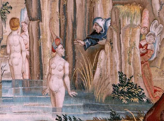 Flämischer Wandteppich. Serie Vier Wandteppiche nach Hieronymus Bosch. Heiliger Antonius im Gebet. Zweiter Wandteppich der Serie. Modell inspiriert von der Arbeit von Hieronymus Bosch. Herstellung unbekannte Werkstatt, Brüssel. Vor 1560. Stoff Gold, Seide 
