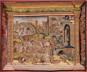 Flämischer Wandteppich. Serie Vier Wandteppiche nach Hieronymus Bosch. Heiliger Martin. Erster Wandteppich in der Serie. Modell Inspiriert von den Werken von Hieronymus Bosch. Herstellung Unbekannte Werkstatt, Brüssel. Vor 1560. Stoff Gold, Silber, Seide u