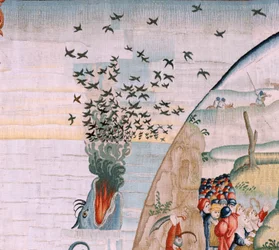 Flandrischer Wandteppich. Serie Vier Wandteppiche nach Hieronymus Bosch. Die Leiden des menschlichen Lebens. Dritter Wandteppich in der Serie. Modell inspiriert von der Arbeit von Hieronymus Bosch. Herstellung unbekannte Werkstatt, Brüssel. Vor 1560.