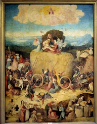 Der allegorische Heuwagen mit Männern und Frauen, die das Beste aus der Gegenwart machen wollen. Mitteltafel des allegorischen Triptychons über die Vergangenheit und die Gegenwart von Hieronymus van Aeken (Aken), genannt Hieronymus Bosch (1450-1516), um