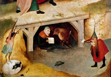 Triptychon der Versuchungen (Detail). Linke Seite: Die Flucht und der Fall des Heiligen Antonius des Großen. Gemälde von Hieronymus Bosch