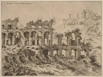 Ansicht des Kolosseums mit dem Palatin im Hintergrund