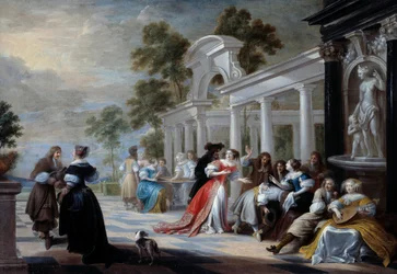 Das Spiel Heiße Hand. Junge Leute des flämischen Adels spielen in einem Park. Gemälde von Hieronymus Janssens genannt der Tänzer