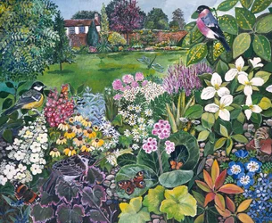 Der Garten mit Vögeln und Schmetterlingen