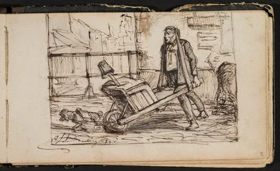 Mann mit Schubkarre und kleinem Hund (Seite aus einem Skizzenbuch)