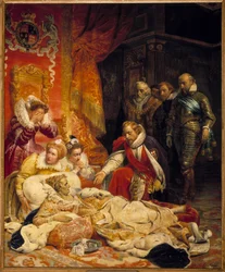 Der Tod von Elisabeth I., Königin von England im Jahr 1603. Königin Elisabeth starb am 24.03.1603 an Depression und Krankheit, umgeben von ihren Höflingen. Gemälde von Paul Delaroche