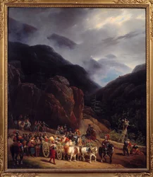 Die Rückkehr der Schlacht von Marignan. Armeen von Franz I. kehren von Marignan (Maregnano) am 14.09.1515 zurück. Gemälde von Hippolyte Lecomte (1781-1857) 1829. 0,54x0,65 m Bourg En Bresse. Brou-Museum