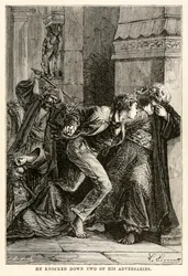 Er schlug zwei seiner Gegner nieder, aus In 80 Tagen um die Welt von Jules Verne, graviert von Louis Dumont, 1873
