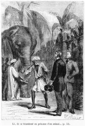 Phileas Fogg vor einem Elefanten, Illustration aus 