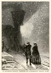 Ein gewaltiger Schatten, dem ein flackernder gelber Schein vorausging, aus In 80 Tagen um die Welt von Jules Verne (1828-1905), gestochen von Adolphe François Pannemaker (1822-1900), 1873
