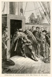 Gefolgt von Passepartout mit den Flügeln auf dem Rücken, aus In 80 Tagen um die Welt von Jules Verne (1828-1905), graviert von Adolphe François Pannemaker (1822-1900), 1873