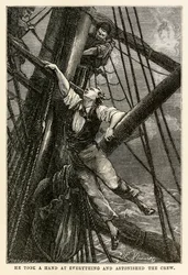 Er packte alles an und erstaunte die Besatzung, aus In 80 Tagen um die Welt von Jules Verne (1828-1905) graviert von Henri-Théophile Hildebrand (1824-97), 1873