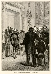 Hier bin ich, meine Herren, sagte er, aus In 80 Tagen um die Welt von Jules Verne (1828-1905) graviert von Henri-Théophile Hildebrand (1824-97), 1873