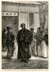 Passepartout ging in einem alten japanischen Gewand eingehüllt hinaus, aus In 80 Tagen um die Welt von Jules Verne (1828-1905), graviert von Louis Prevost, 1873