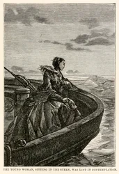 Die junge Frau, die im Heck saß, war in Kontemplation versunken, aus In 80 Tagen um die Welt von Jules Verne (1828-1905), graviert von Jean Louis Prevost, (1790-1850), 1873