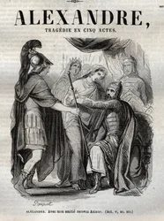 Alexander. Mit meiner Freundschaft empfange Axiane - Alexander der Große Tragödie in fünf Akten - Gravur in „Werke von Jean Racine“ illustriert von Pauquet und mit einer Notiz von Emile de La Bedolliere - 1851