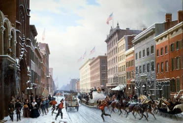Eine Straße in Manhattan, New York, im Jahr 1840