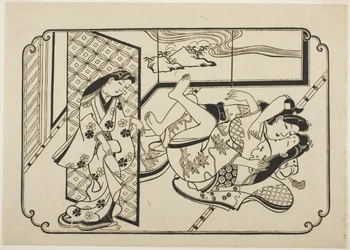 Eine Kurtisane mit ihrem Kunden, das erste Blatt eines unbetitelten erotischen Bilderalbums