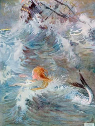 Sie tauchte tief unter das Wasser, tauchte wieder zwischen den Wellen auf, aus 