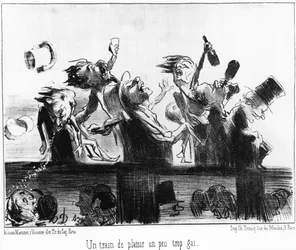 Ein lustiger Zug, ein wenig zu fröhlich: aus „Les trains de Plaisir“, Serie von Karikaturen über die Eisenbahnen von Honore Daumier (1808-1879). „Charivari“