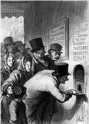 Ein Theaterfenster. Karikatur von Honore Daumier (1808-1879). Gravur in „Le Monde Illustré“ Nr. 269 vom 7. Juni 1862.