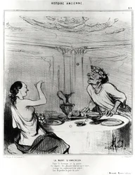 Der Tod von Anacreon, Karikatur zur Illustration eines Auszugs aus den badinen Werken von Jacques-Benigne Bossuet (1627-1704)